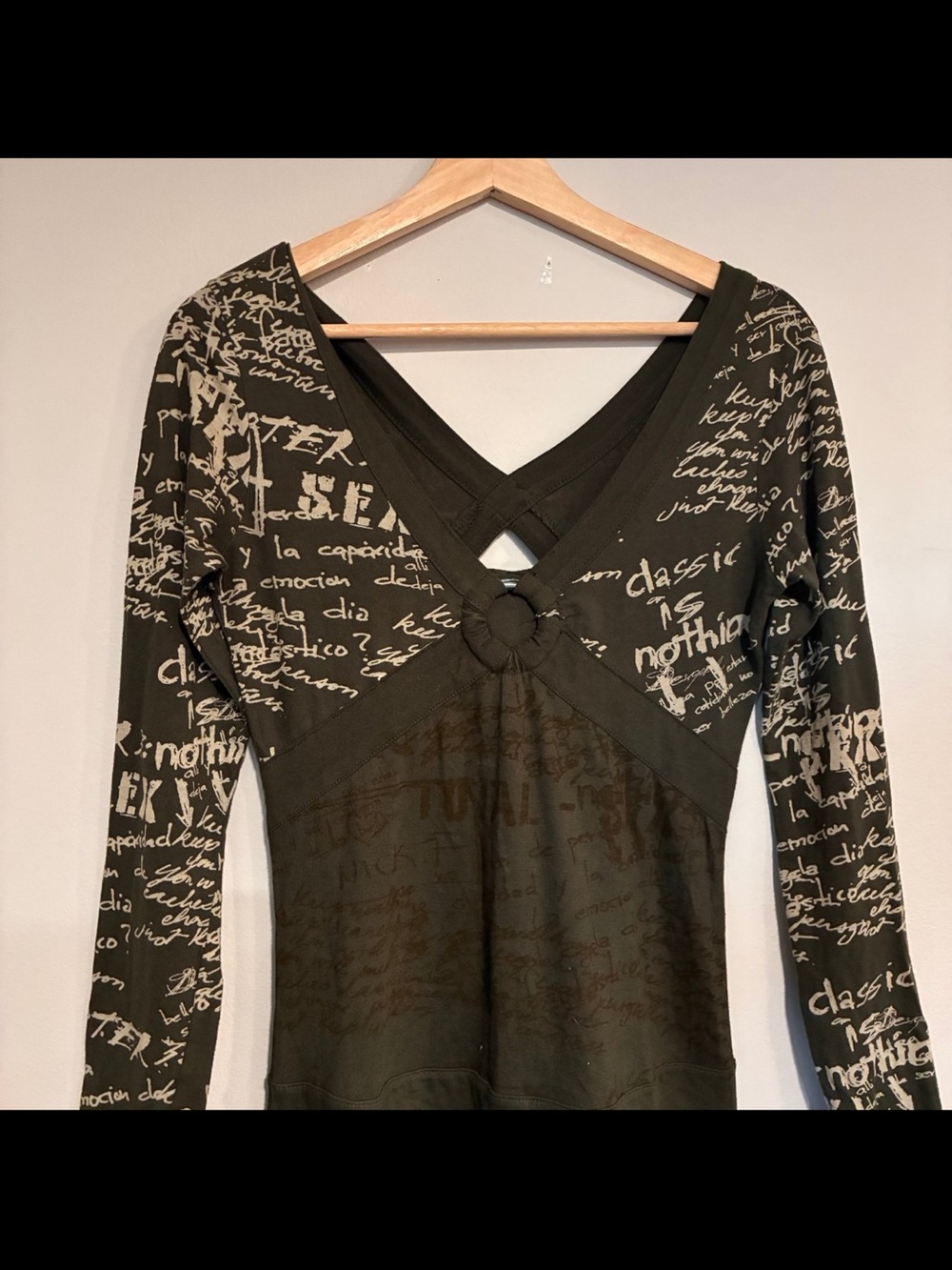 Desigual Dress Long Sleeve Script Print Olive Green